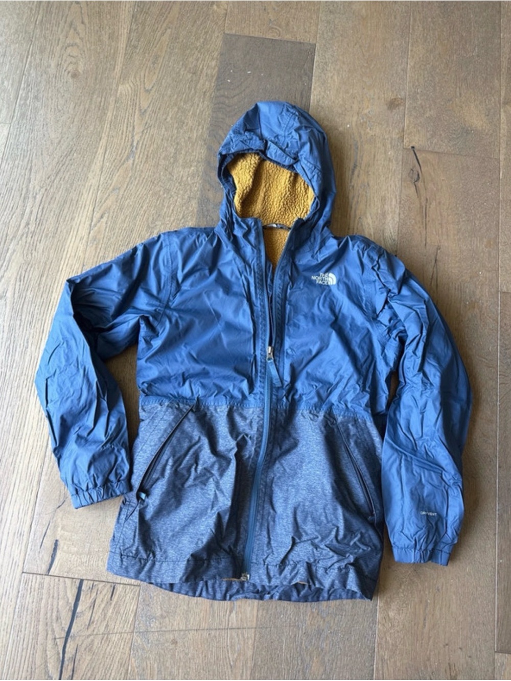 The North Face Blue Hooded Puffer Jacket with Yellow Lining